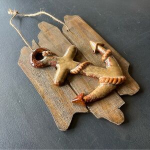 Vintage Wall Hanging Art Nautical Rustic Beach house Cabin Anchor Wood Ceramic
